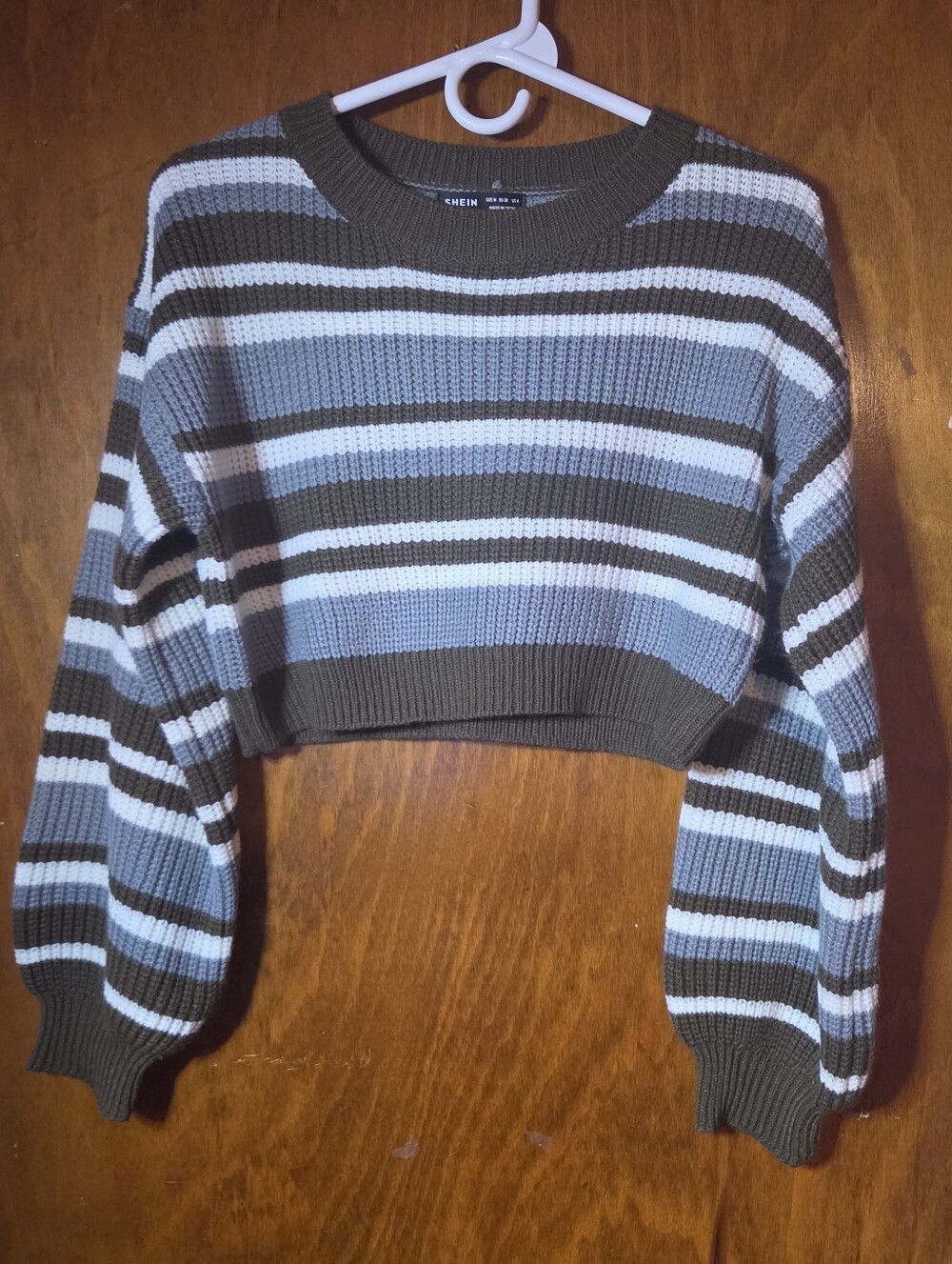 SHEIN Striped Cropped Knit Pullover Sweater Brown Blue White Balloon Sleeve M
